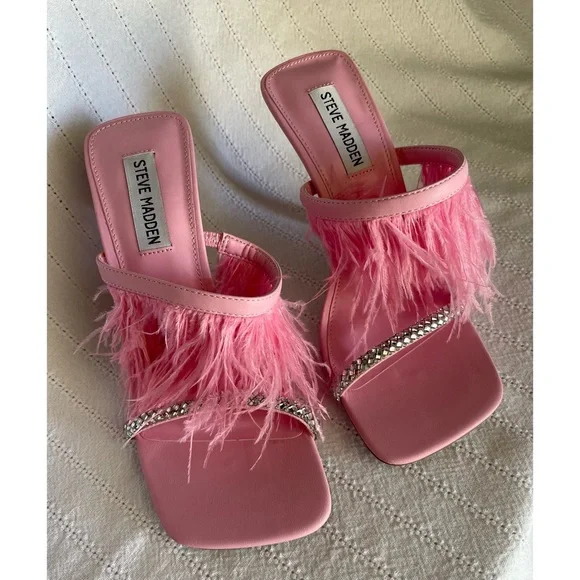 Steve Madden Avilon Feather and Rhinestone Slide Dress Sandals in Pink - Picture 3 of 9